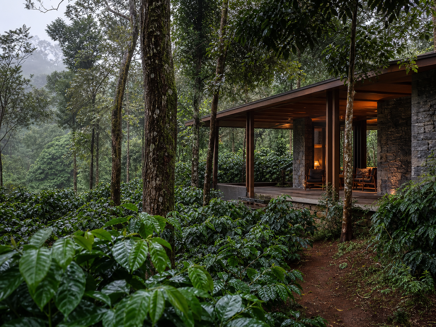 Timber pavilion in a green plantation setting